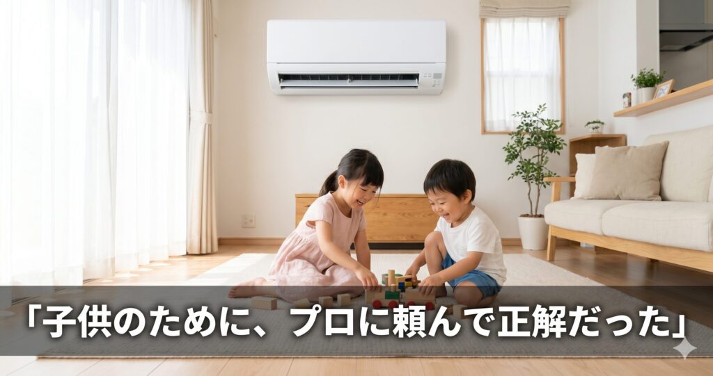 エアコンの下で遊ぶ子供たち